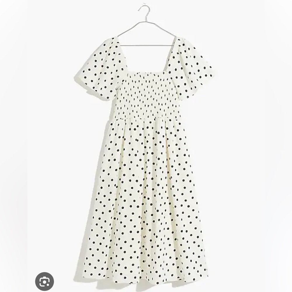 EUC Madewell Lucie Smocked Midi Dress Flutter Sleeve White w/ Black Dots XL